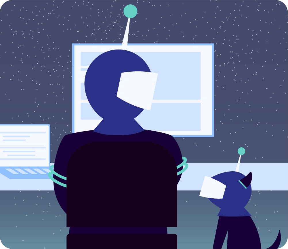 Developer with dog working in front of his computer.